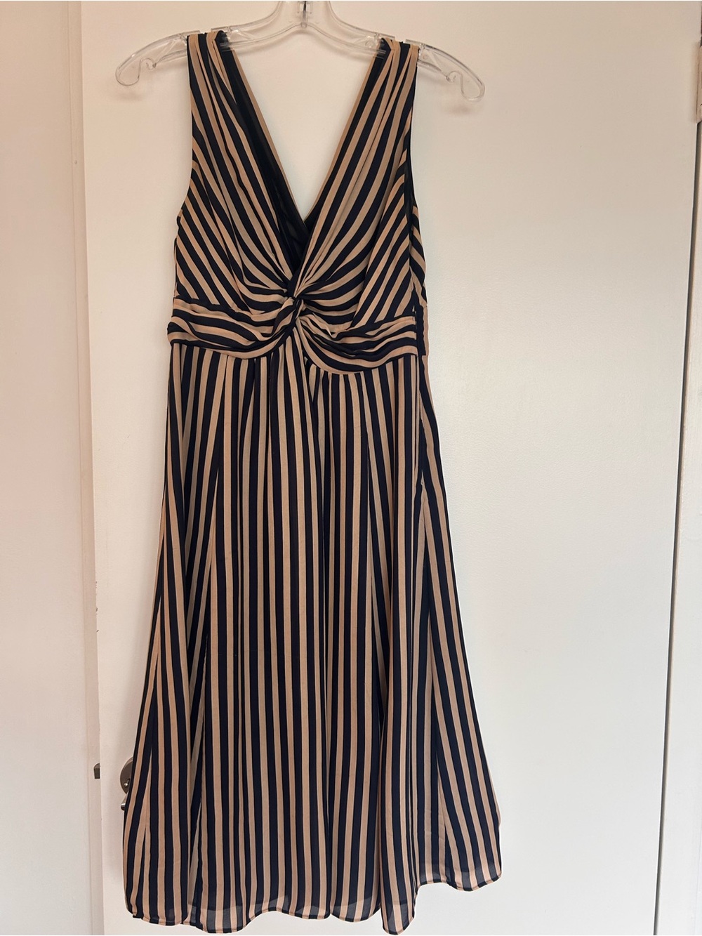 Ted Baker Silk Navy and Beige / Cream striped V-Neck midi dress.